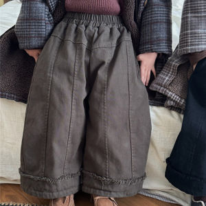 Retro Faded Hem Wide Leg Pants Childrens Casual Fleece Lined Cotton Trousers for Boys And Girls New Winter Fashion
