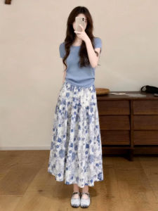 NIUVIES | Blue Short Sleeve T-shirt Floral Skirt Summer Outfit Set