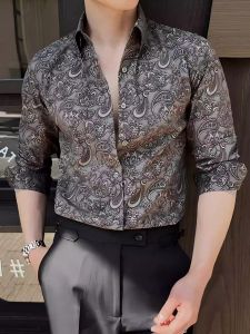 Simple Floral Print Long Sleeve Mens Shirt Commute Style Britsh Gentleman Trendy Brand Autumn Season Slim Fit Iron Free