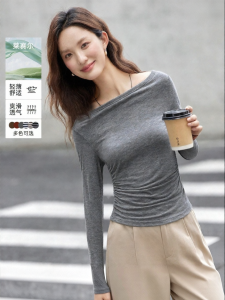 Vimly | Vintage French Stripes Boat Neck Figure-Flattering Gray T-shirt Fall Office Wear