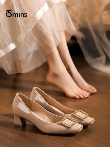 15MINS | Comfortable 15mins French Patent Leather Low-Cut Square Buckle Coarse Heel Women Shoes