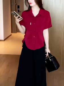 พรางหุ่น ฤดูร้อน ลำลอง เสื้อเชิ้ตแขนสั้นบางสีบริสุทธิ์วัยกลางคน ผู้หญิง ทันสมัย ปกเสื้อ หลวม ประเภทเสื้อผ้าทํางาน