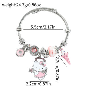 Sanrio | Cute Hello Kitty Charm Bangle Zinc Alloy with Ice Cream & Donut Charms Adjustable Silver Wire Bracelet for Girls