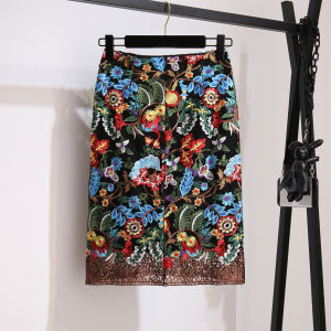 Elegant Heavy Embroidery Lace High Waist A-Line Midi Skirt Floral Print Hollow out Design Commute Style Polyester Fabric