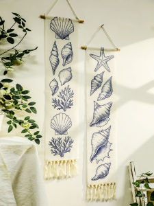 โบโฮ เชลล์&พรมติดผนังหอยสังข์ พรมแขวนตกแต่งสีขาวพร้อมพู่ สไตล์ชายหาดศิลปะบนกำแพงบ้านสำหรับห้องนอน ห้องนั่งเล่น