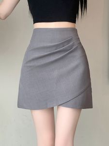 Váy Ngắn Chữ a Xếp Ly Bất Đối Xứng Màu Xám Cạp Cao Mùa Hè Mới Cho Nữ Chống Hở Hang Váy Ngắn Chữ a Ôm Sát