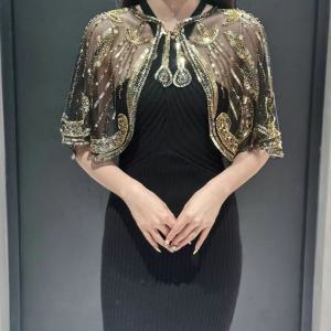 1920s Flapper Shawl พร้อมเลื่อมประกายและลูกไม้ - สีดํา Vintage โพลีเอสเตอร์ตาข่ายชุดราตรีสําหรับงานแต่งงาน