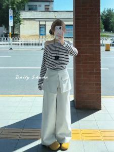 XUECAIQI | Spring Two-piece Set Womens Slant Shoulder Striped Long Sleeve Shirt Wide Leg Pants