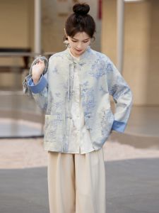 New Chinese Style Womens Jacket Loose Casual Short Sleeve Long Spring Autumn Polyester Fiber Plant Floral Pattern