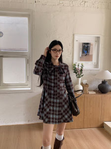 Chaocha Home Butterfly Knot Dress Womens Autumn 2025 New Design Sensation Small French Style Elegance Plaid Skirt