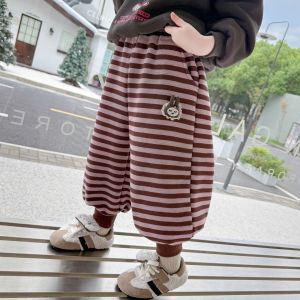 Girls Winter Fleece Lined Loose Fit Sweatpants Cartoon Striped Outerwear Trousers High Waist Long Pants Fashionable Kids Clothes