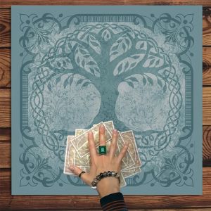 VIKAMA Celtic Tree of Life Tablecloth Blue Green Background Gold Totem Waterproof Stain Resistant Tarot Divination Meditation