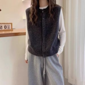 Retro Single Button Knitted Vest Womens Layered round Neck Open Cardigan Sweater Shoulder Pad Sleeveless Trendy Top