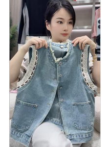 QINGNAER | Chic Lace Patchwork Summer New Large Size Casual Denim Vest