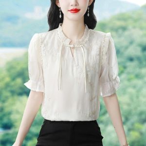 Elegant Short Sleeve Embroidered Chiffon Shirt Womens Fashionable Chinese Style Button up Top Stylish Little Shirt