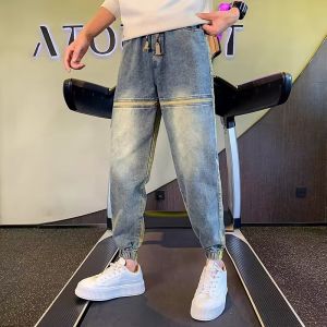 American Style Elastic Waist Jeans Mens Spring Autumn Slim Fit Blue Loose Washed Cuffed Harem Pants Youth Casual Wear