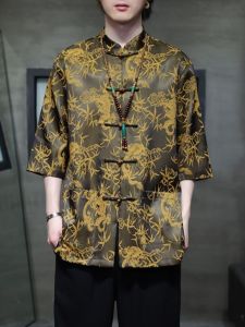 Chinese Style Mens Ice Silk Short Sleeve Shirt Mens Summer Ice Silk Loose Tai Ji Suit Chinese Frog Tang Suit Han Dynasty Thin Coat