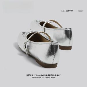 Silver Mary Jane Flat Bottom Sandals Womens Summer New Style Magic Tape Casual Shoes French Style Slip-On Single Shoes