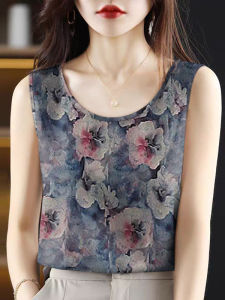 Womens Strap Vest Summer New 2025 Ice Silk Print Sleeveless Base Shirt Loose Belly Cover Commute Style Plant Floral Pattern