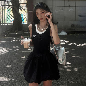 French Hepburn Style Mini Dress Womens Design Sense Waist Cinching Sleeveless Flower Bud Short Skirt Summer Fake Two-Piece Dress