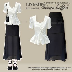 NUMEN BUTTON | Petite Summer Korean Design Square Neck Loose Skirt Two Piece Set