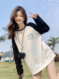 Spring and Autumn Clothes Imitation Cotton Long Sleeves T-Shirt Womens Winter Niche Design Western Style Inner Wear Bottoming Shirt Contrast Color Cartoon Top