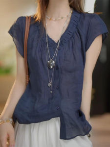 Shalldoer | French V-neck Pleated Design Short Sleeve Womens Sun Protection Shirt Summer New Style Beautiful Unique Casual Loose Top