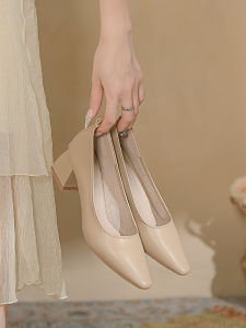 หนัง Chunky Heel รองเท้าเดี่ยวสําหรับผู้หญิง ฤดูใบไม้ผลิ ฤดูใบไม้ร่วง ใหม่ นุ่ม หนัง รองเท้าทํางาน ทางการ Professional Air Stewardess รองเท้าส้นสูง