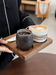 Retro Creative Ceramic Coffee Cup Set with Wood Tray Luxurious Glass Cup Coaster for Coffee Shops Japanese Style Diningware