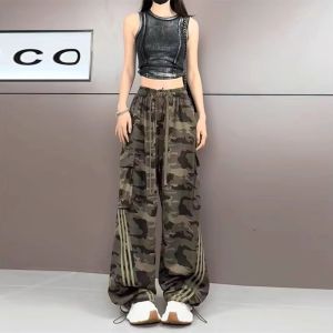 Camouflage Work Pants Womens High Waist Loose Slim Straight Leg Casual Thin Sport Trousers Korean Style Long Cotton Pants