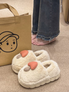 Cute Mushroom Cotton Slippers Female Winter Couple Indoor Home Velvet Warm Slugged Bottom Non Slip Ankle Wrap Cotton Shoes Male