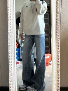 กางเกงยีนส์ทรงตรงสีน้ำเงินสไตล์อเมริกันย้อนยุคสำหรับผู้หญิง กางเกงขายาวทรงหลวมสบาย ๆ ทรงหลวม ฤดูใบไม้ผลิ 2025