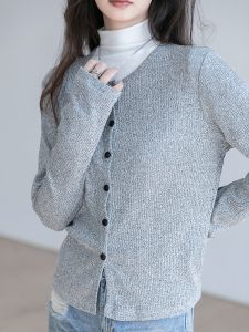 เสื้อคาร์ดิแกนถักสีเทาสำหรับผู้หญิง ทรงเข้ารูป คอกลม แขนยาว ทรงปกติ แฟชั่นฤดูใบไม้ร่วง ฤดูหนาว เสื้อเชิ้ตคอตตอน