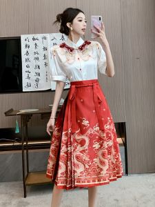 New Chinese Style Improved Hanfu National Style Suit Womens Summer Cropped Short Horse-Face Skirt Skirt Small People Can Wear Daily