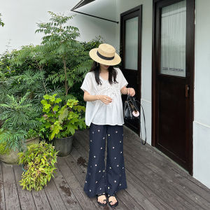 Quần Ống Rộng Thêu Hoa Cạp Cao Mùa Hè Cho Nữ ELA SHUII Quần Ống Rộng Thường Ngày Bằng Vải Lanh Viscose Pha Trộn