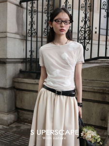 เสื้อยืดคอกลมลายดอกไม้ผสมขนสัตว์ Super Scape เส้นใยเลเซอร์ ระบายอากาศได้ดี แขนสั้น ฤดูร้อน 2024 เสื้อยืดผู้หญิง