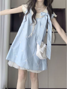 ชุดสองชิ้นสไตล์เกาหลีสำหรับฤดูร้อน ชุดเดรสยาวปานกลางผู้หญิง ชุดสเวตเตอร์คอตั้งแขนสั้นลายผีเสื้อ ชุดแฟชั่นสำหรับนักเรียน