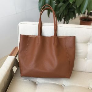 European and American Genuine Leather Tote Bag Shoulder Big Bag Women Simple Full-grain Leather Shopping Bag Soft Leather Super Large Capacity Womens Bag