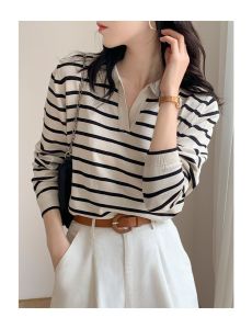 เสื้อสเวตเตอร์ถักคอวีสำหรับผู้หญิงเสื้อยืดแขนยาว MODE Korea 2023ฤดูใบไม้ร่วง