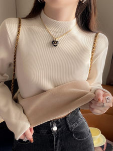 Womens Fleece Lined Thickened Stand Collar T-Shirt Winter Warm Inner Wear Casual Commute Style Long Sleeve Solid Color Top