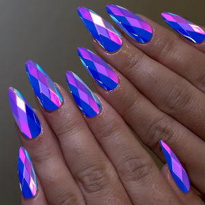 3D fake nails Holographic Plated solid rhombus glossy almond nail tips Blue purple pink red rose press on false nail art set