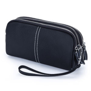 Cowhide Women Wallet Genuine Leather 3 layers Zipper Wristlet Bag  Lady Clutch Coin Purse Credit Card Holder Mobile phone bag