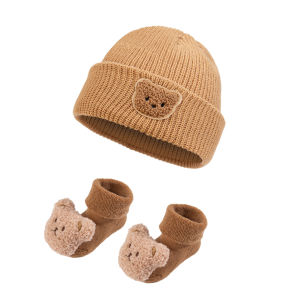 2Pcs Solid Knitted Beanies&Bear Plush Cartoon Thicken Short Socks Set Fall Winter Turban Hats Infant Boys Girls 0-12M Stockings