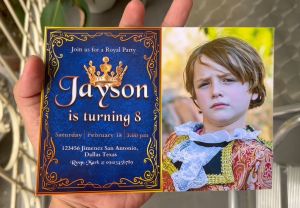 Royal Prince Birthday Christening Invitation Card - Royal Theme - Blue & Gold - Personalized - Customized - 5R