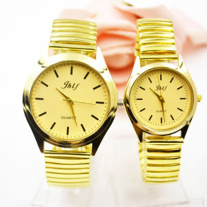 Waterproof Quartz Watch for Middle-Aged and Elderly Men and Women: Elastic Spring Steel Band and Large Numbers Golden Strap
