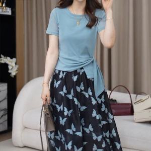 Shalldoer | Bộ đồ hai mảnh mùa hè cho nữ thiết kế mới thắt lưng thắt eo tay ngắn in họa tiết bướm chân váy nửa thân