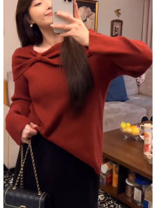 Red Knitted Sweater Womens plus Size Long Sleeve Butterfly Knot Atmosphere Sensation Slimming Base Layer Top Commute Style