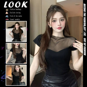 Áo Thun Tay Ngắn Mùa Hè Cho Nữ 2025 Áo Thun Cotton Dệt Kim Dáng Ôm Vừa Vặn Cổ Tròn Tay Ngắn Lưới Xếp Ly