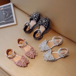 Girls Cute Shoes Butterfly Flats Bling Bling Diamond Bowknot Soft Kids Leather Sandal Shoes