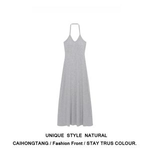 Hot Girl Grey Neck Hanging Backless Dress Womens New Summer Waist Cinching A-Line with Chest Pad Strap Long Dress
